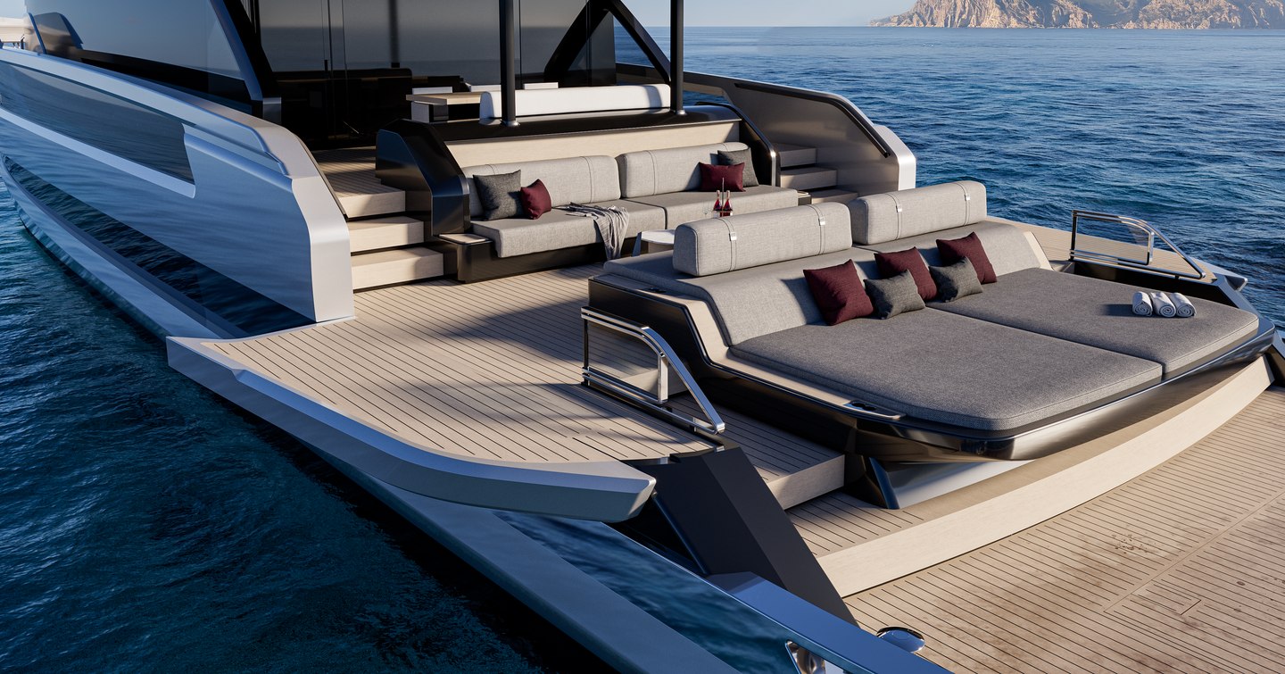 Rendering of Extra X110 Fast motor yacht extended beach club with alfresco dining and sunpads
