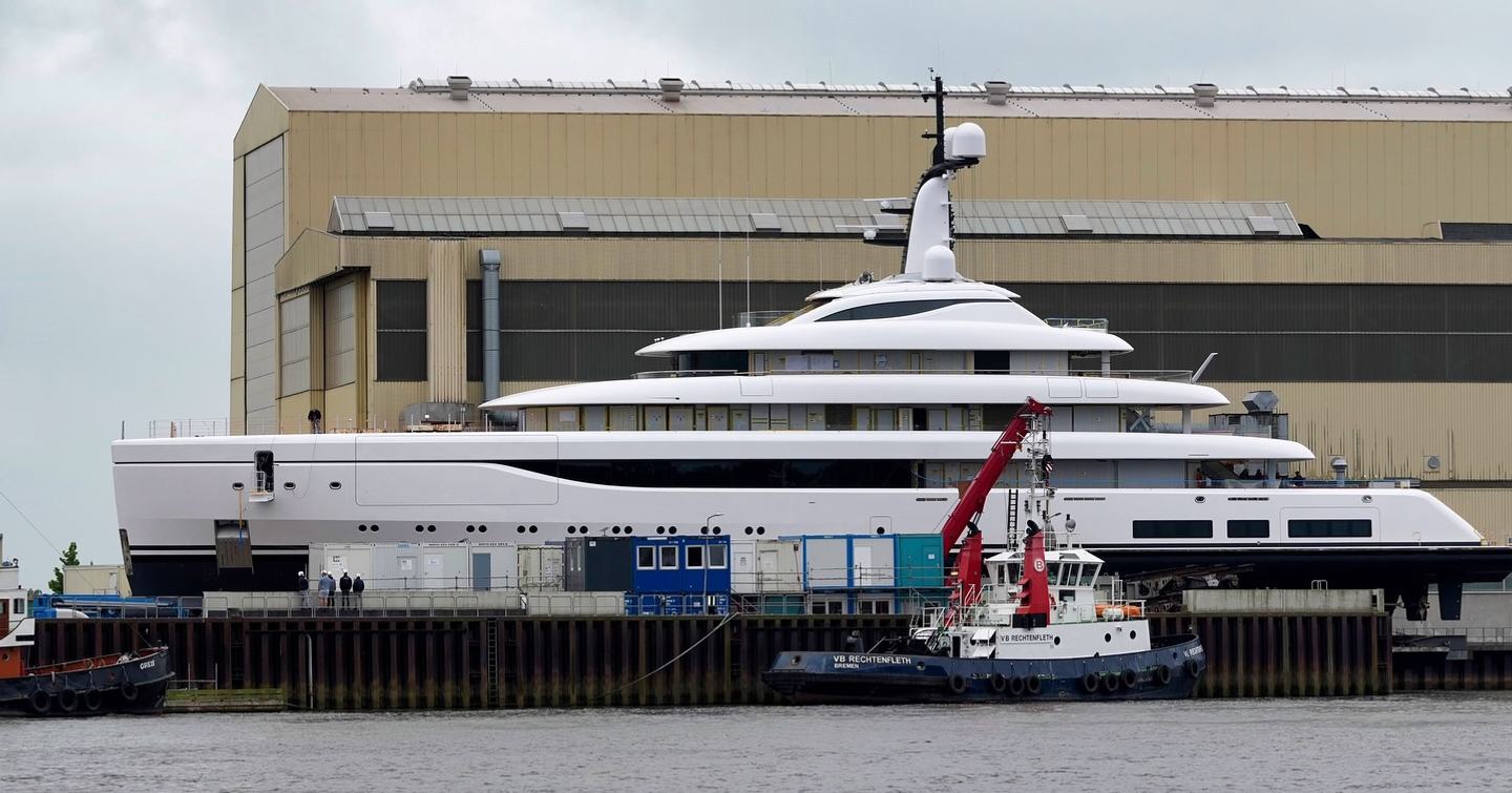 Superyacht Ace 21 outside Lurssen shipyard at launch
