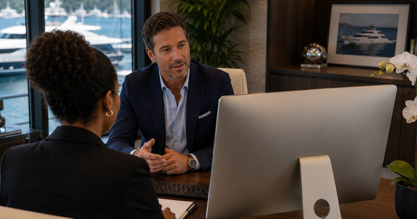 Yacht buyer and broker sat at desk comparing listings 