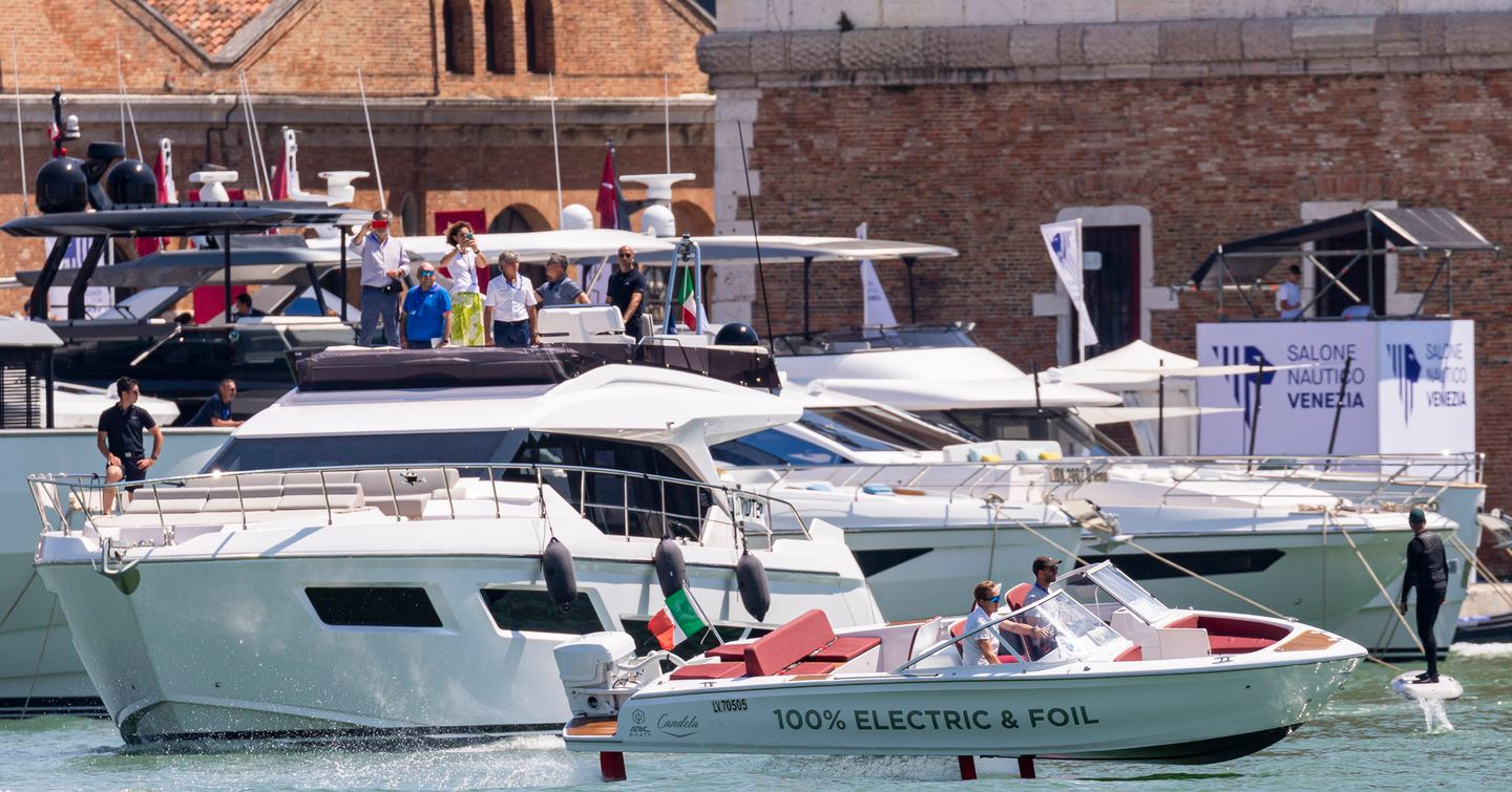 Yachts for sale berthed in Venice Arsenale during Venice Boat Show