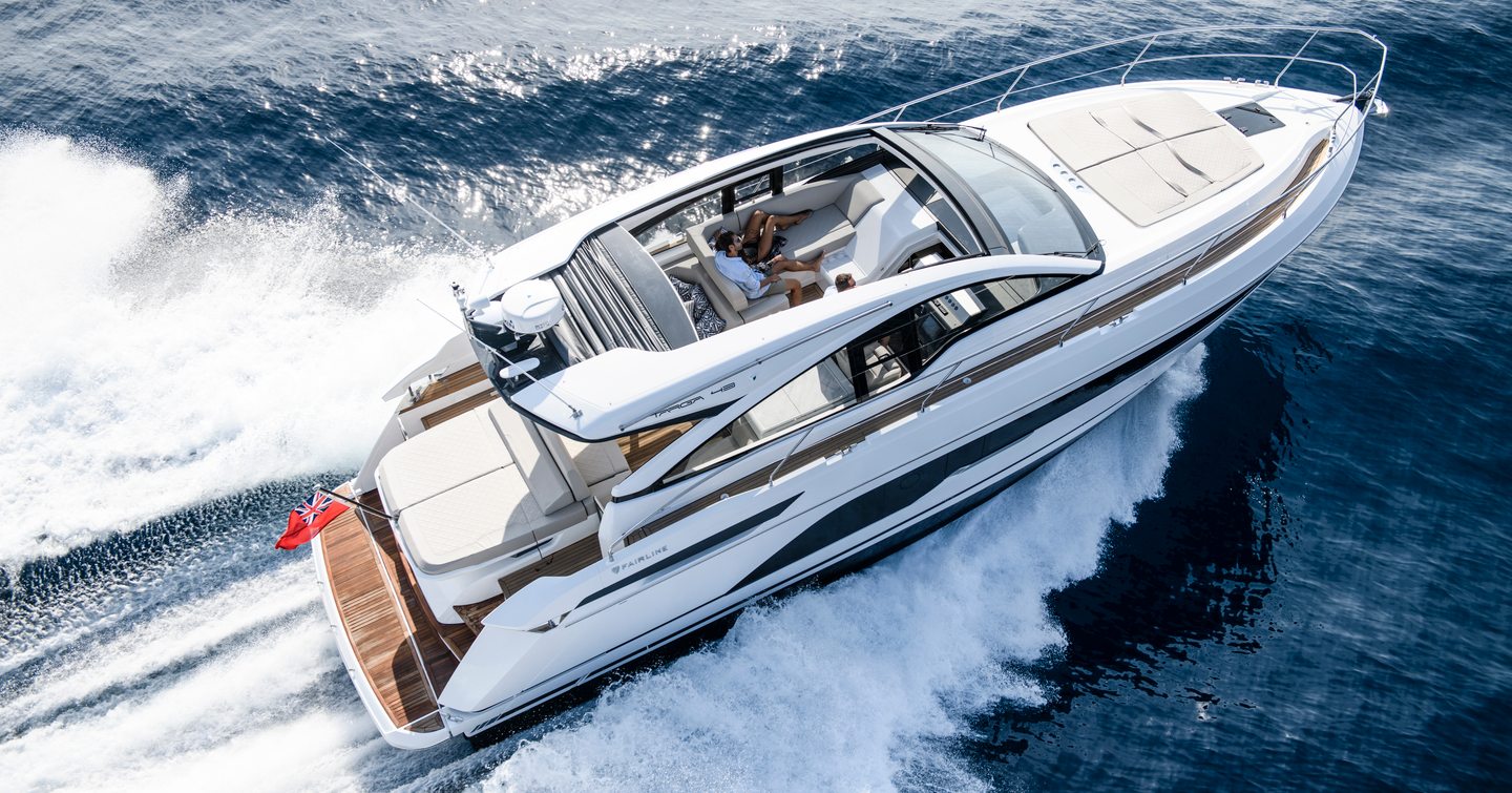 Fairline Targa 45 Open shown in aerial view of starboard aft and side profile in fast running shot