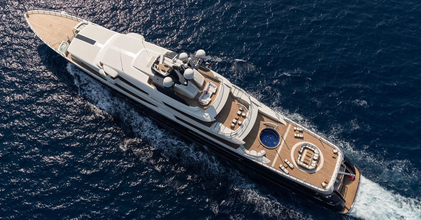 Aerial view of superyacht Draak pre-rebuild under way 