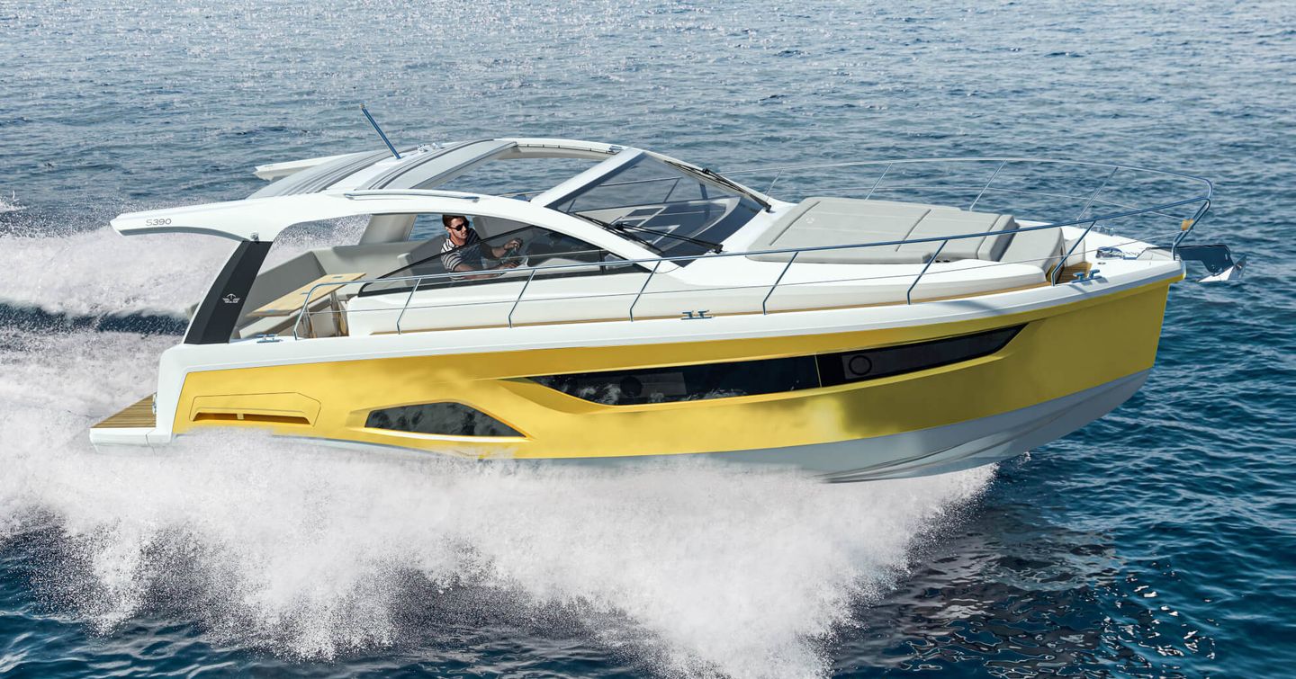 Rendering of Sealine S390 underway, planing through waves.