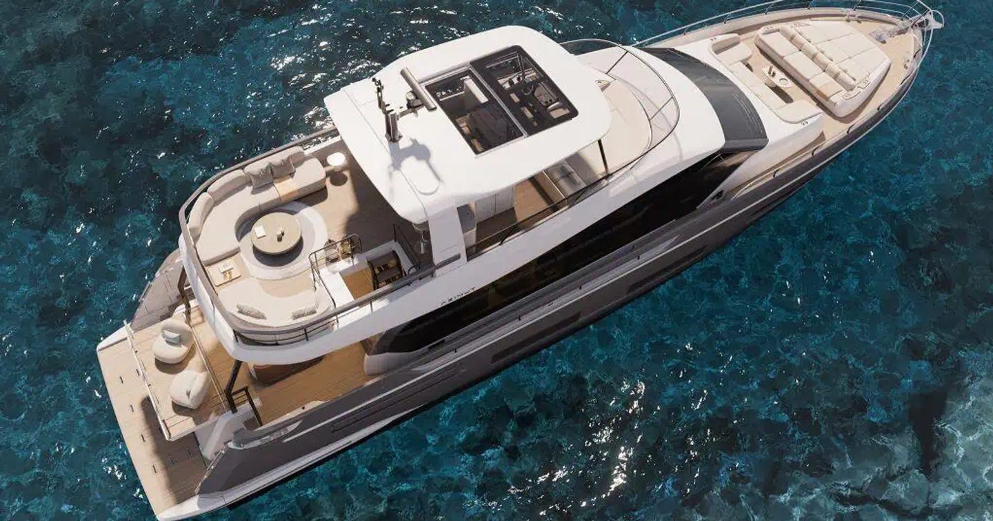 Ariel rendering of Azimut Fly 82 motor yacht at anchor