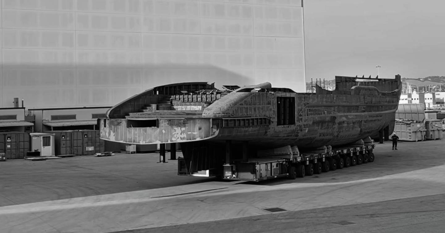 ISA Unica 45M Steel superyacht at shipyard stern view 