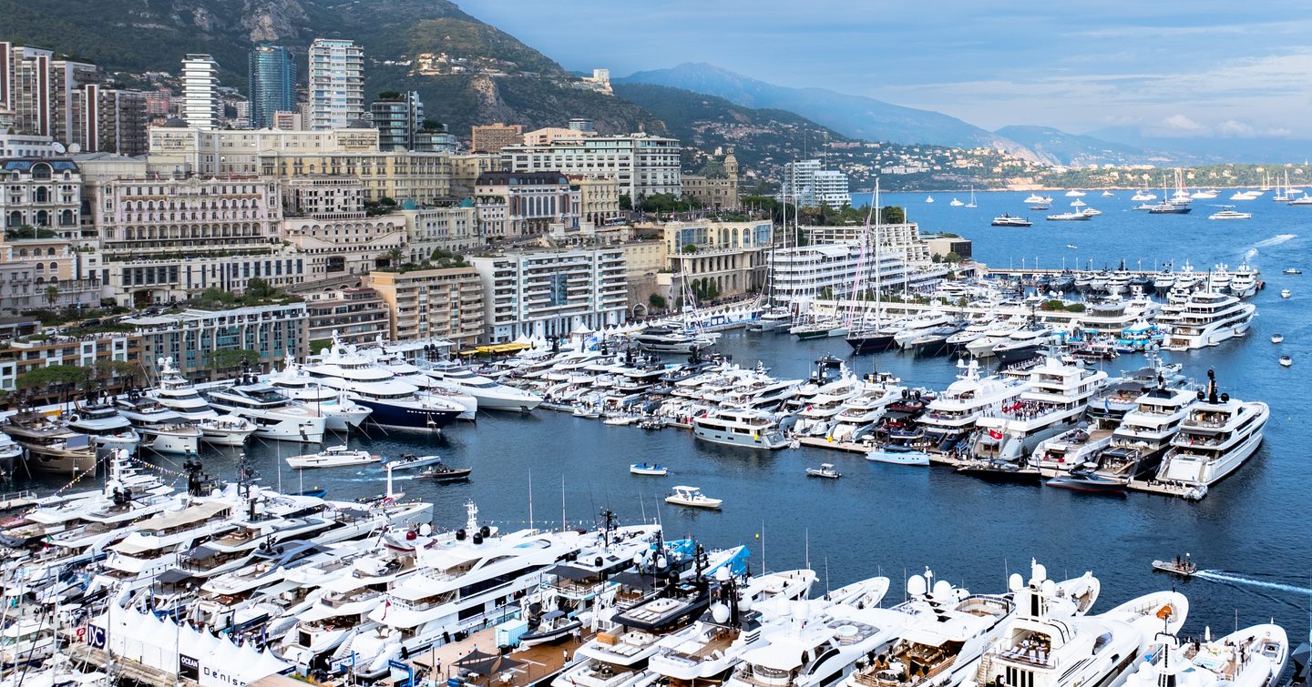 An aerial shot of Port Hercule during the Monaco Yacht Show 2024