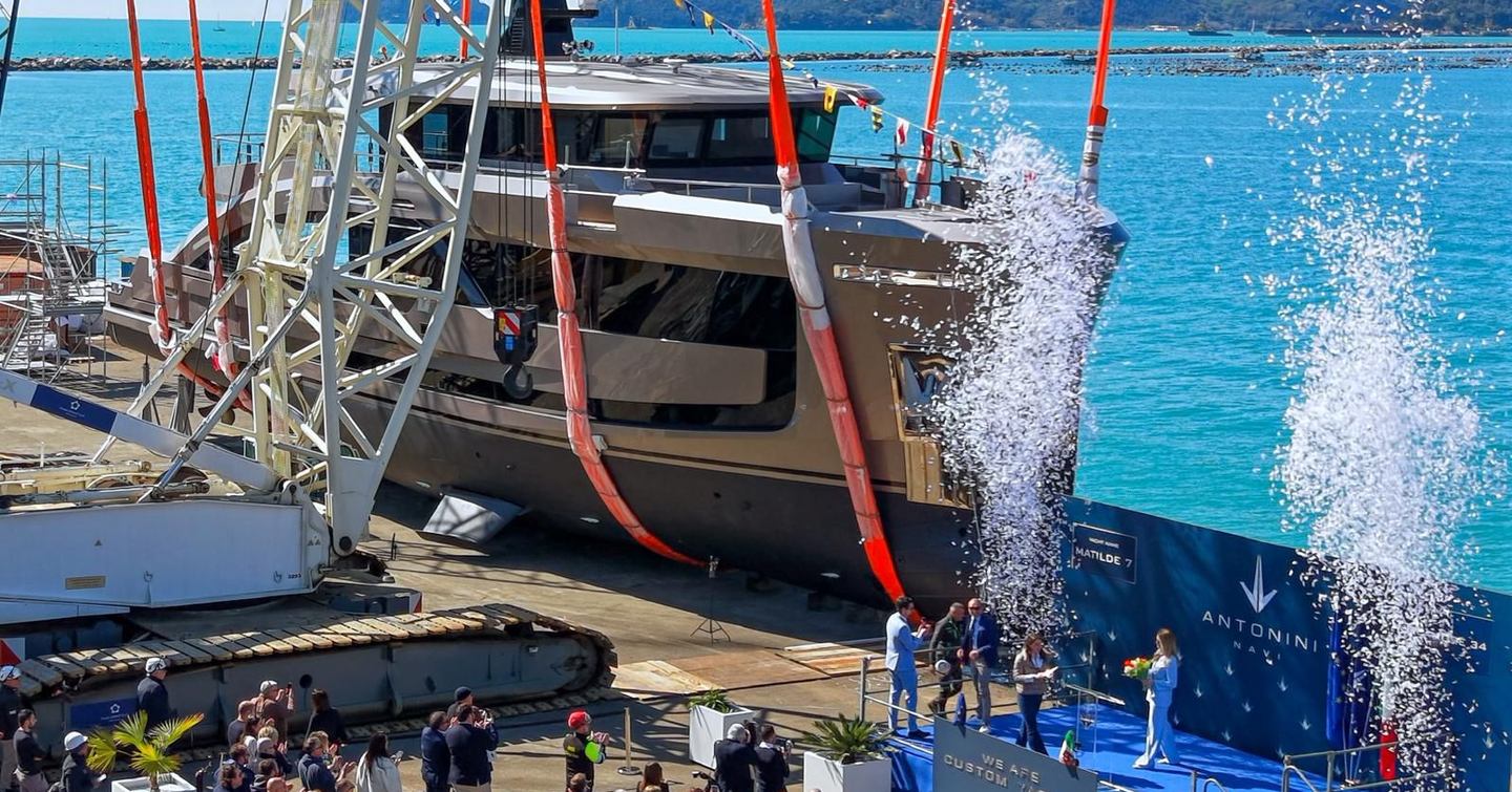 Antonini Navi Seamore 34 motor yacht Matilde7 at launch ceremony with confetti 