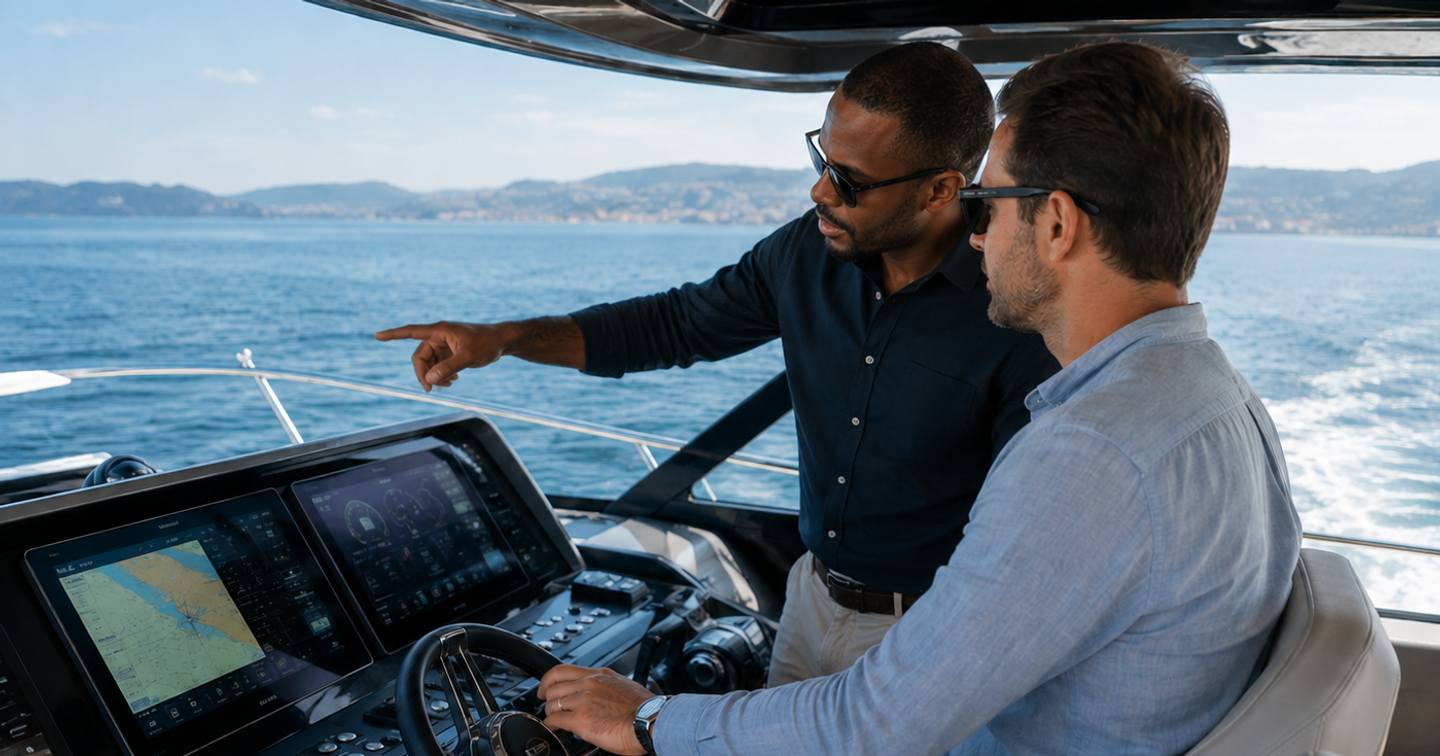 Buyer at the helm station during sea trial with broker 