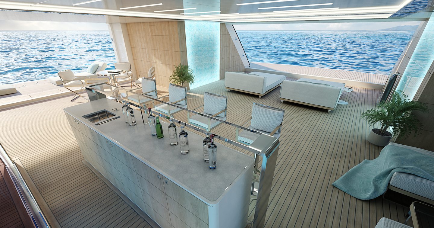 Interior of ISA Continental 80 on spec superyacht showing bar with high backed seats and loungers on teak decking