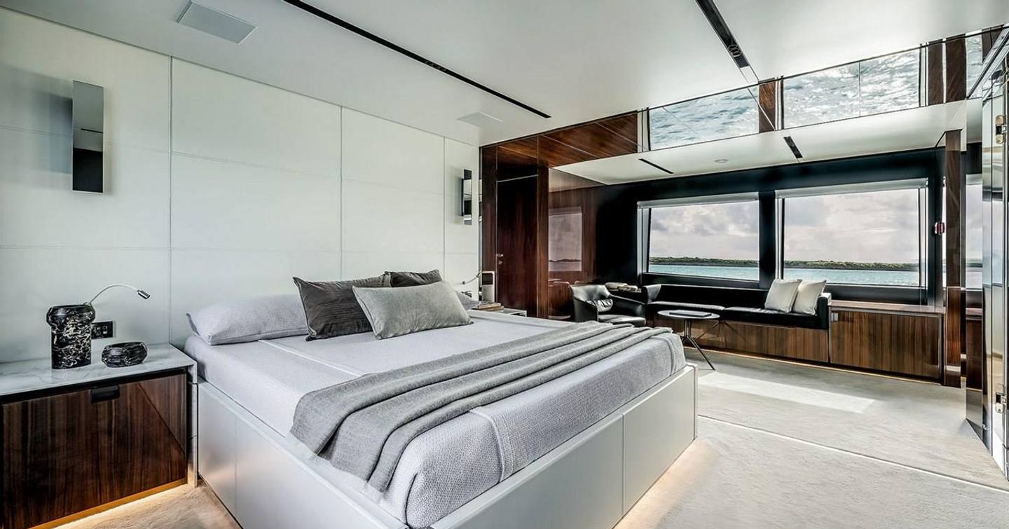 Riva motor yacht Janus Navem master cabin with large windows 