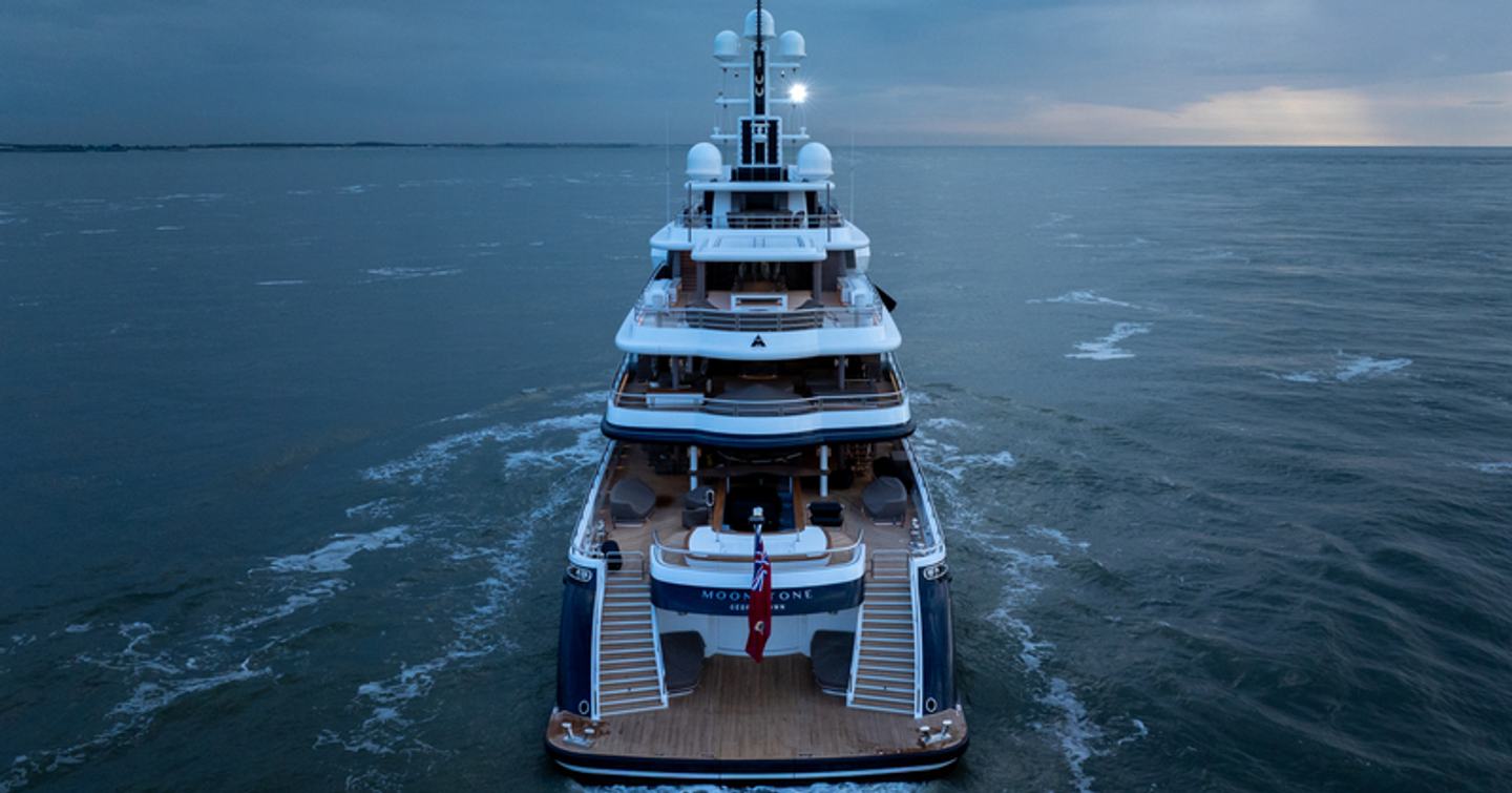 Shot of Superyacht Moonstone aft decks while under way