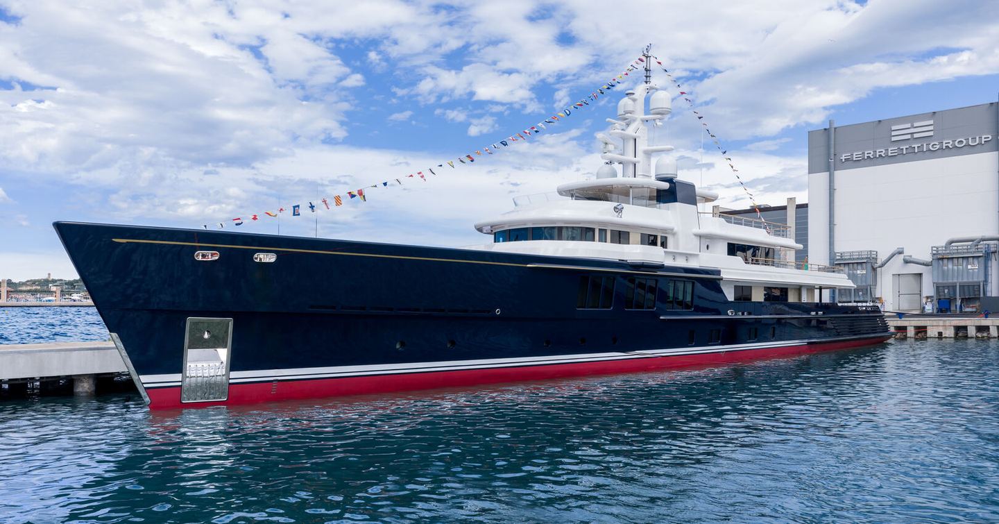 Superyacht Cerulean (Project Thunderball) docked outside shipyard at launch