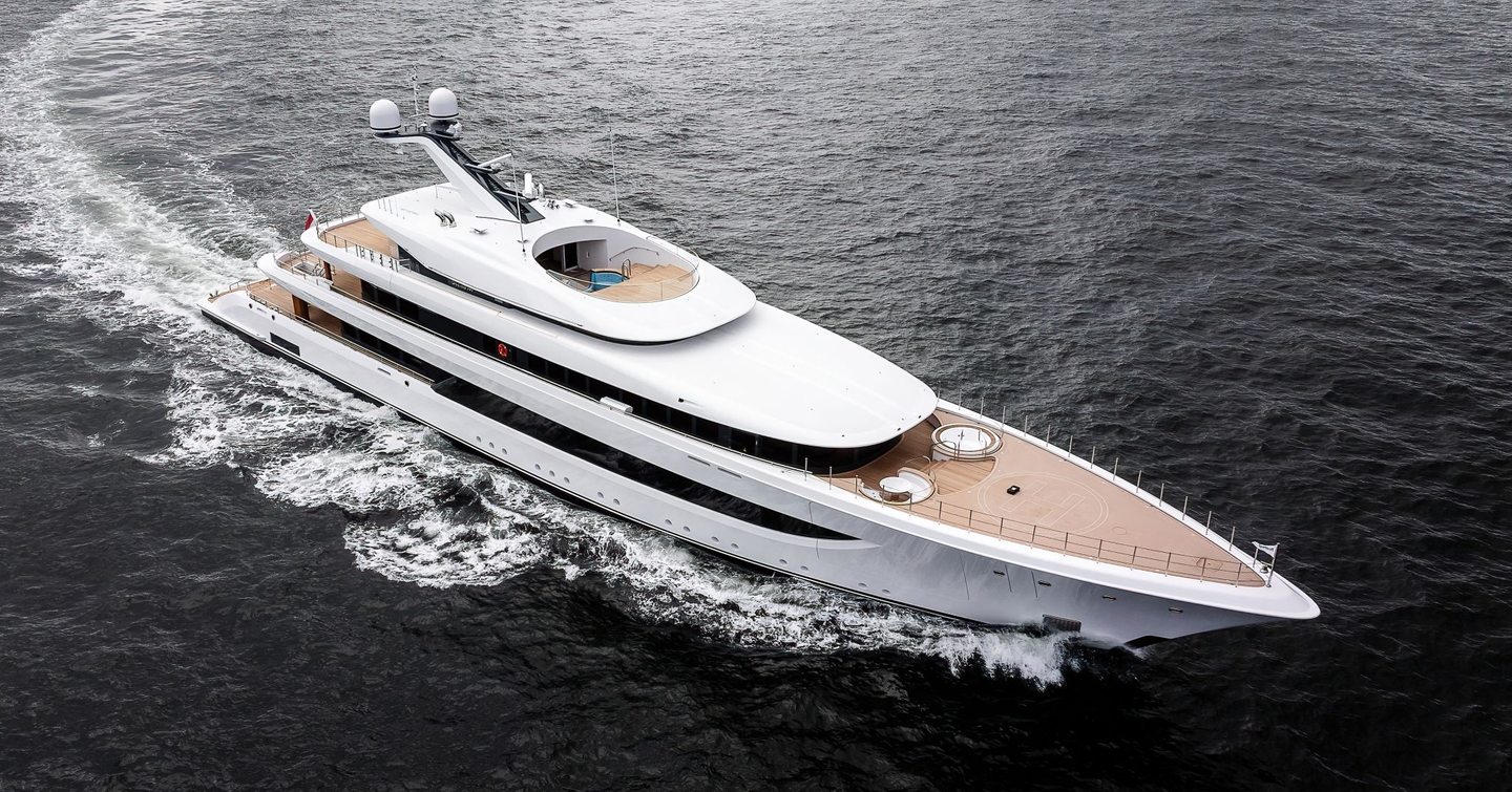 Aerial view of Superyacht Stella M under way on sea trials