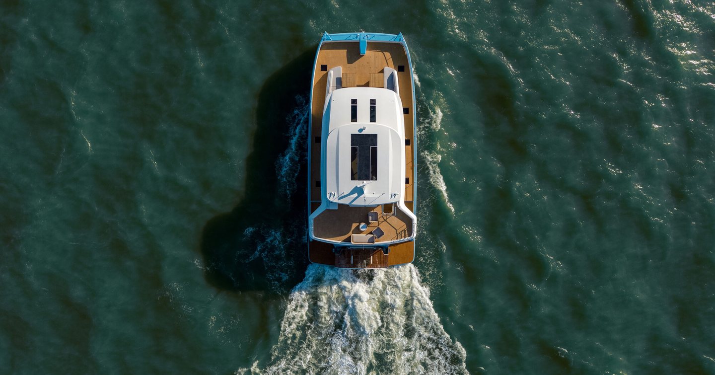 GranOcean W-72 Open catamaran underway aerial view 