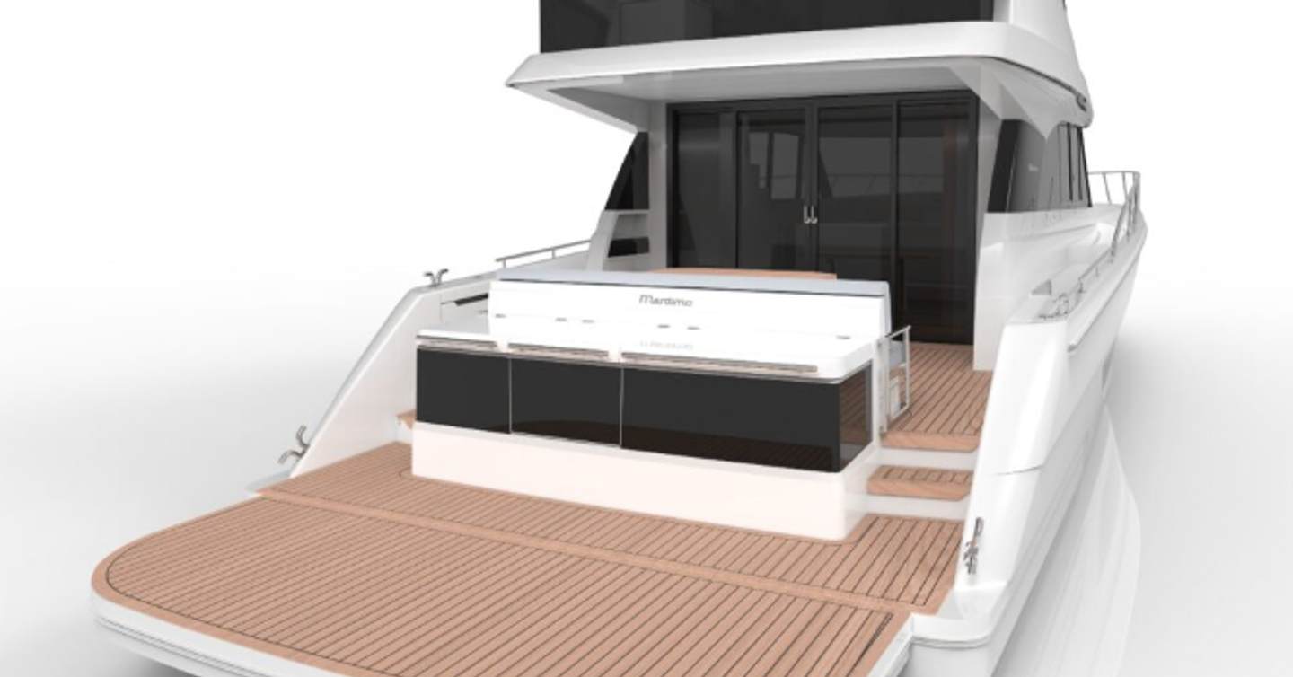 A render of the maritimo m50 flybridge with its new swim platform