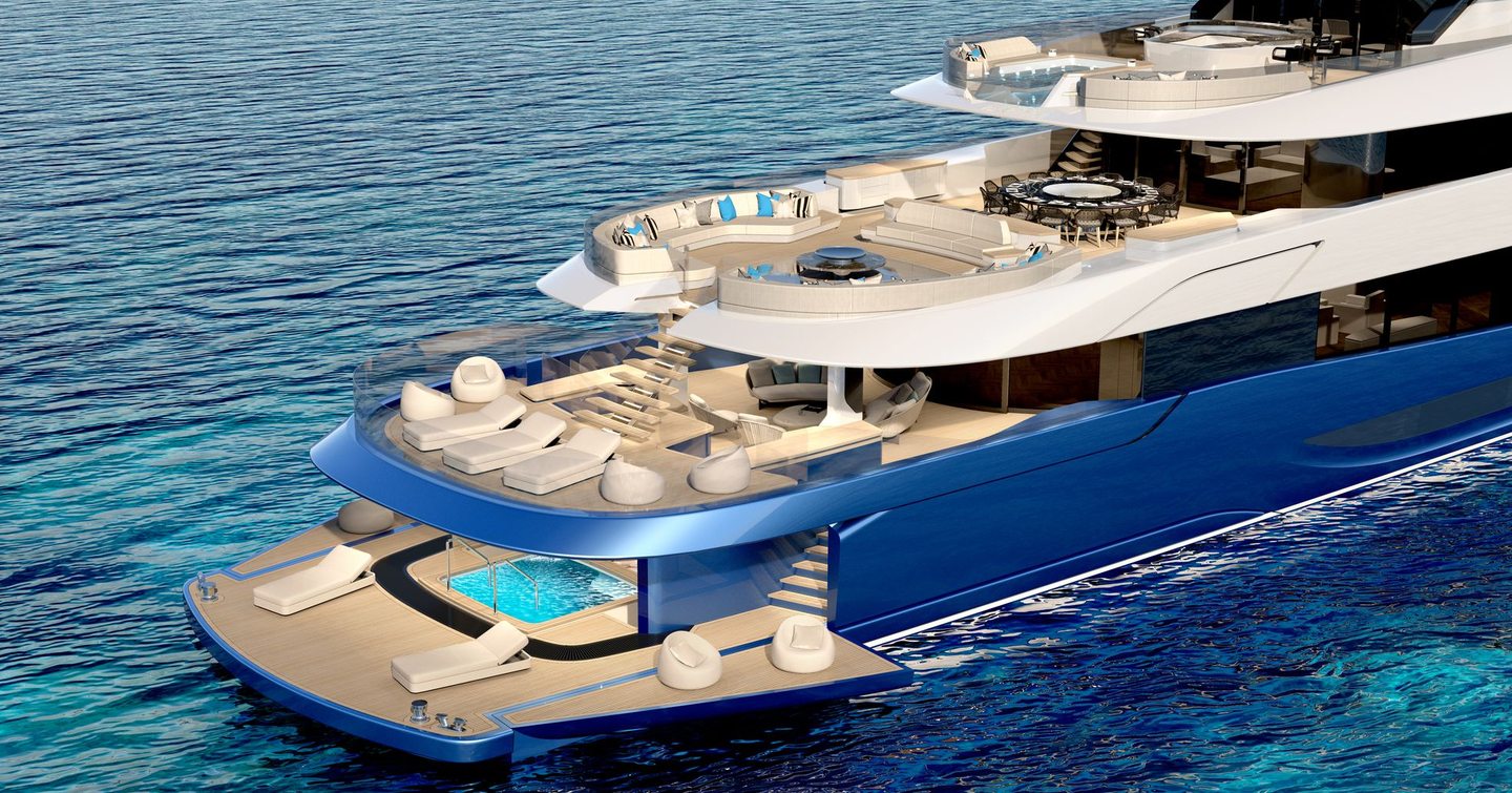 Rendering of RMK Marine LIVIA 72 superyacht aft decks with infinity pool, lounging areas and alfresco dining
