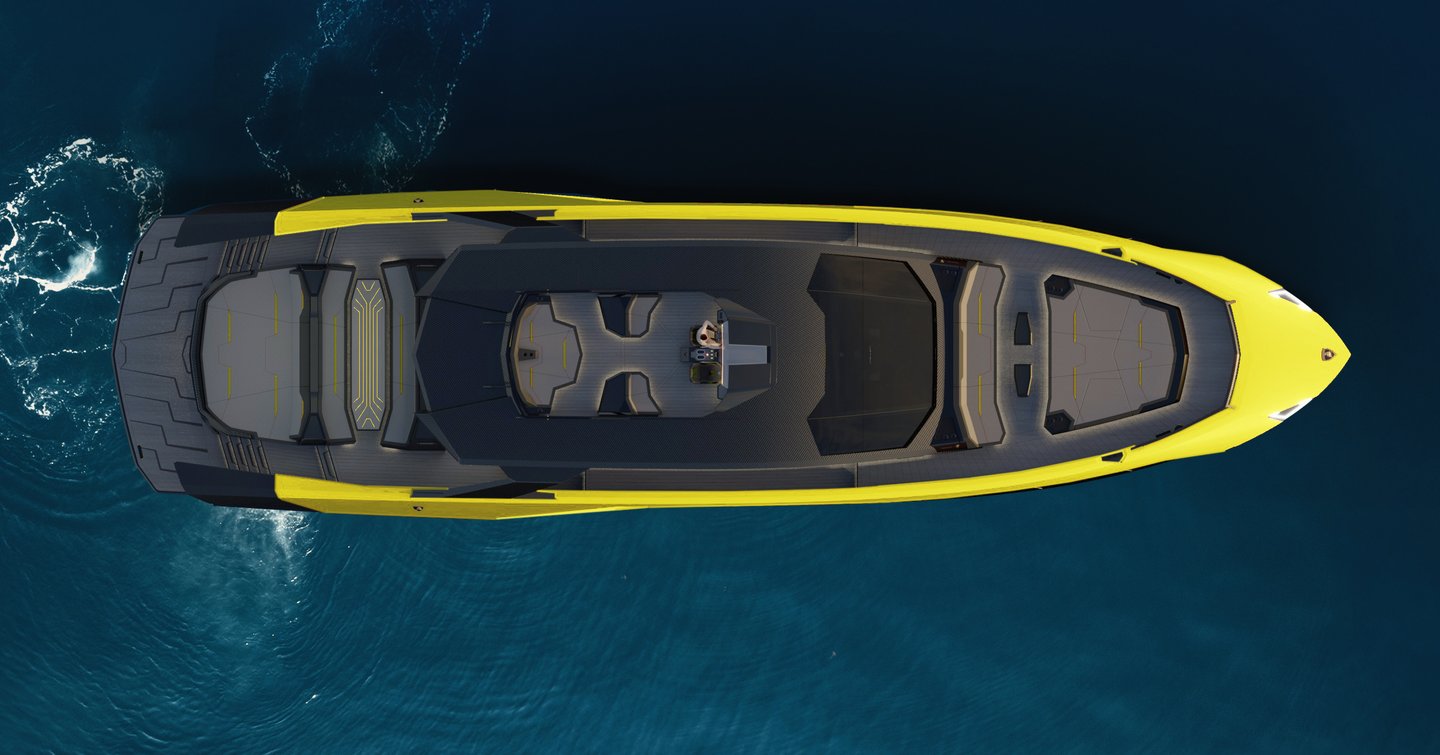 Aerial rendering of tecnomar Lamborghini 101 motor yacht under way 