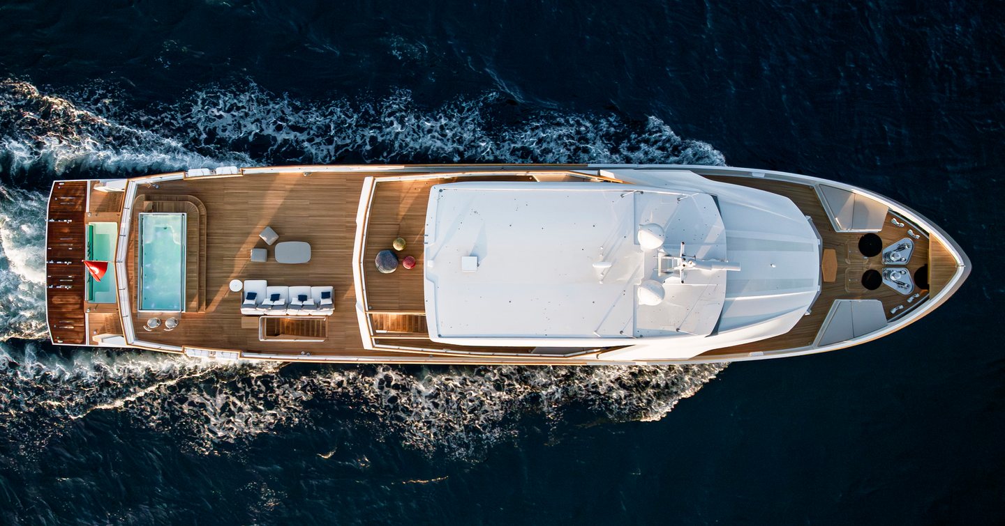 Aerial view of Superyacht Miouch under way 