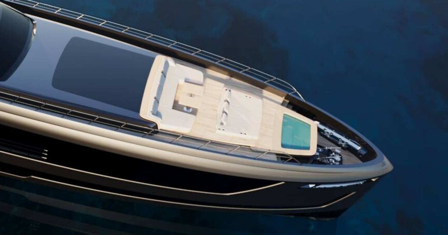 Close up of Rendering of Superyacht Project Zen foredeck with spa pool and U-shaped seating