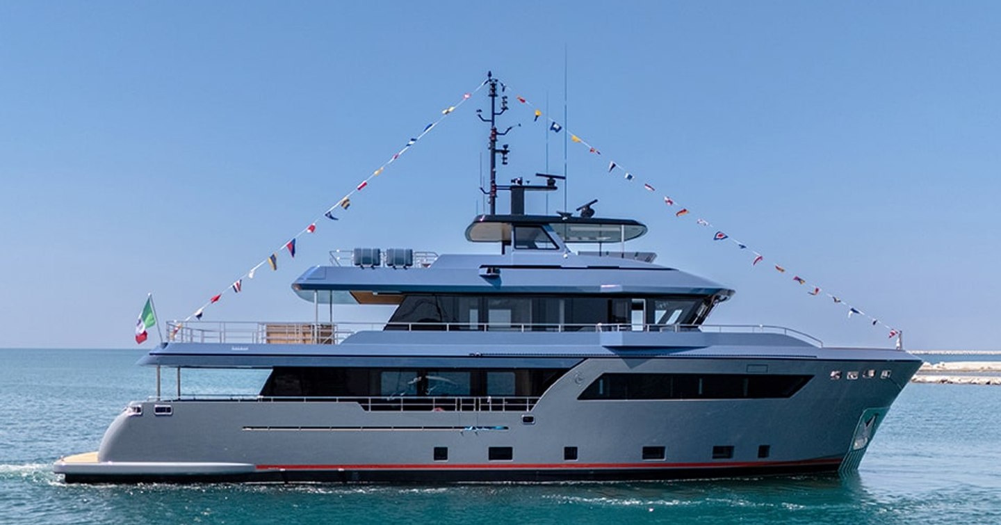 Motor Yacht Haze² motor yacht at launch with bunting