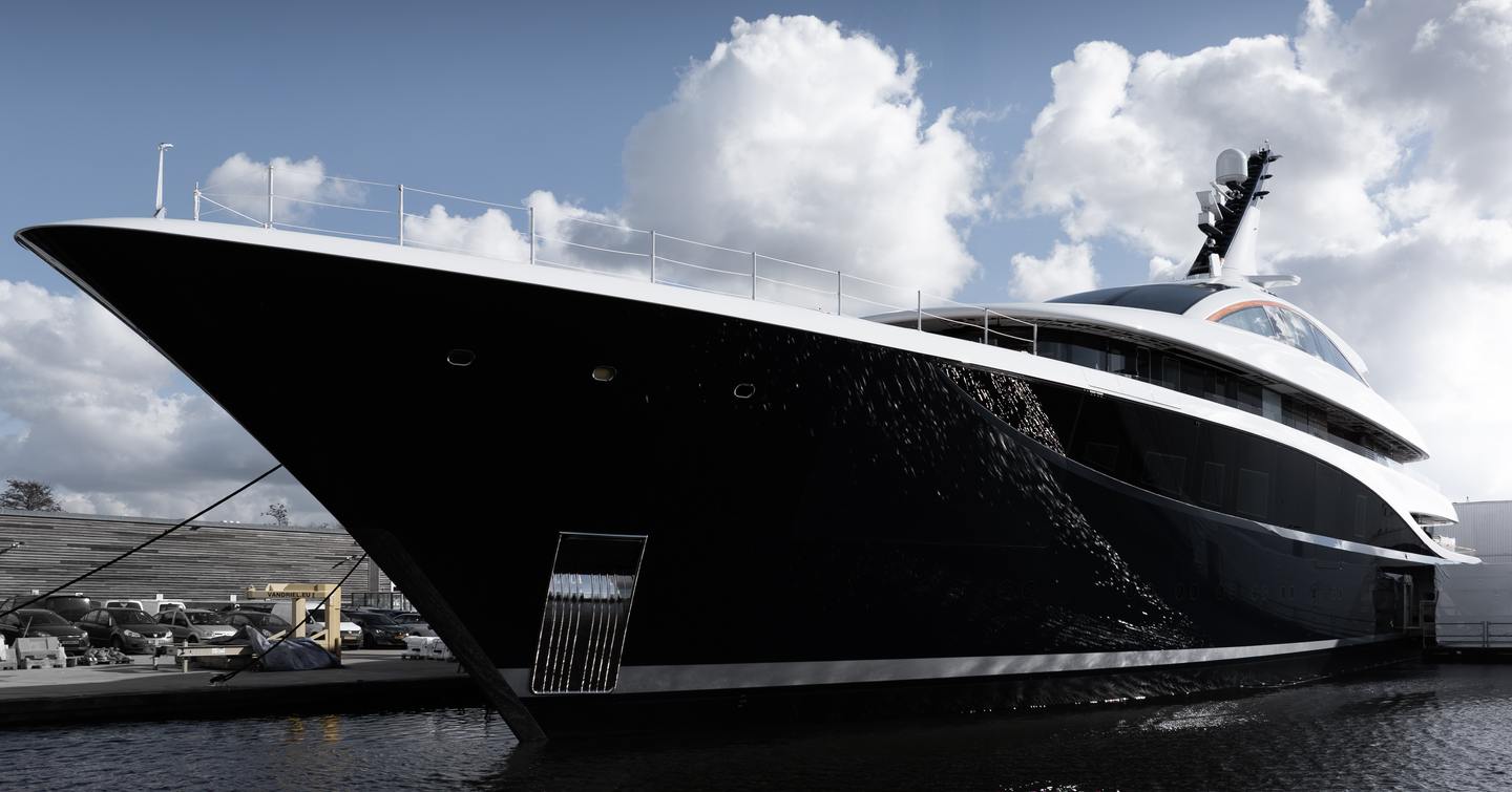 Close up of superyacht faith bow outside shipyard