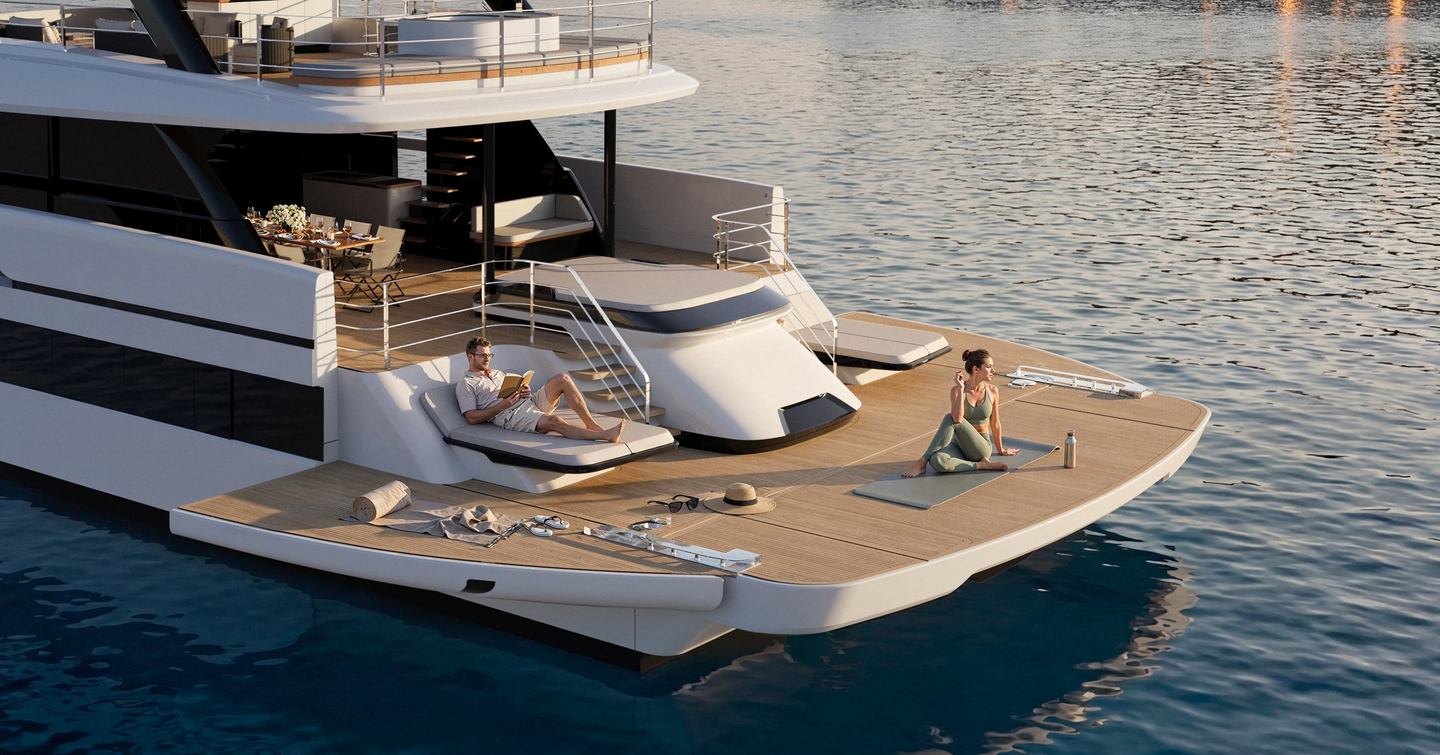 Renering of couple relaxing on Sunreef Ultima 88 Catamaran aft and 'ocean lounge'
