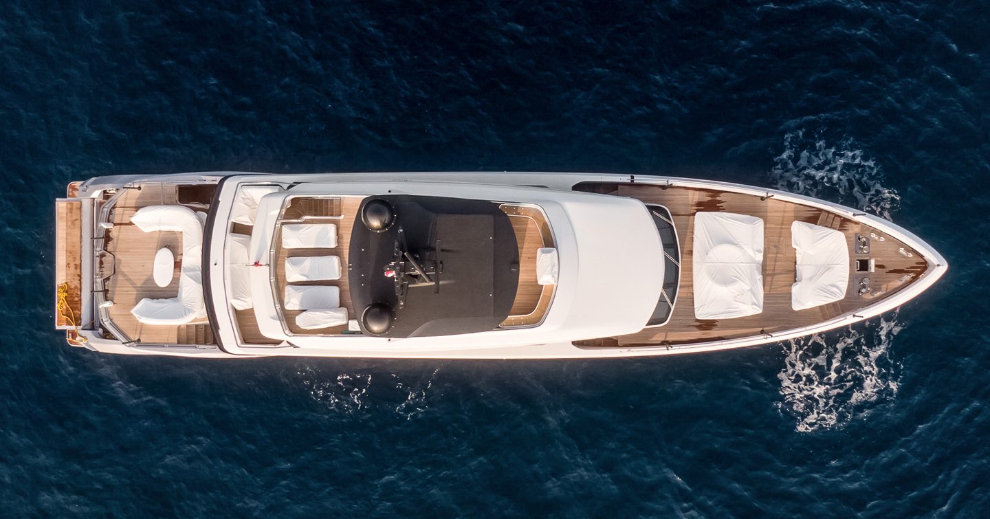 Azimut motor yacht Tanelorn at anchor aerial view 