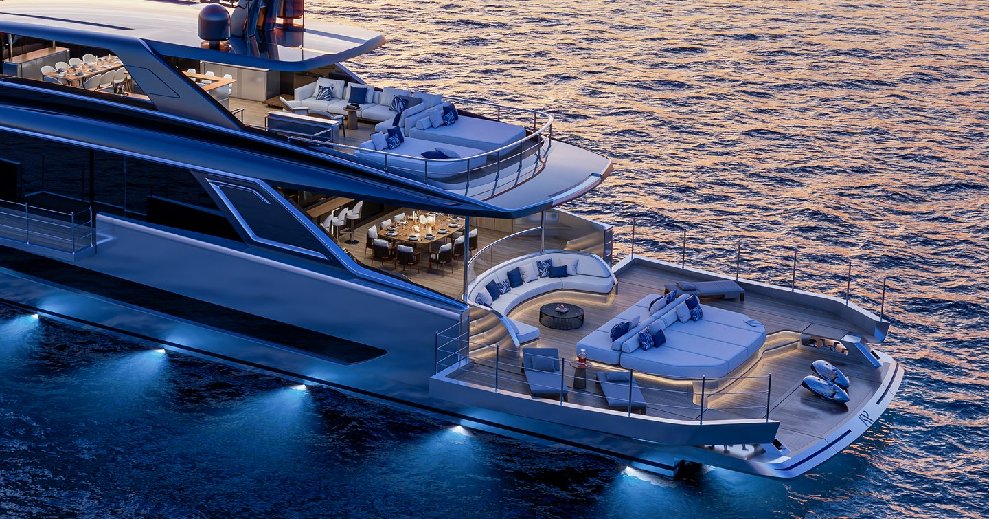 Rendering of ISA Viper 130 motor yacht at anchor with underwater lights 