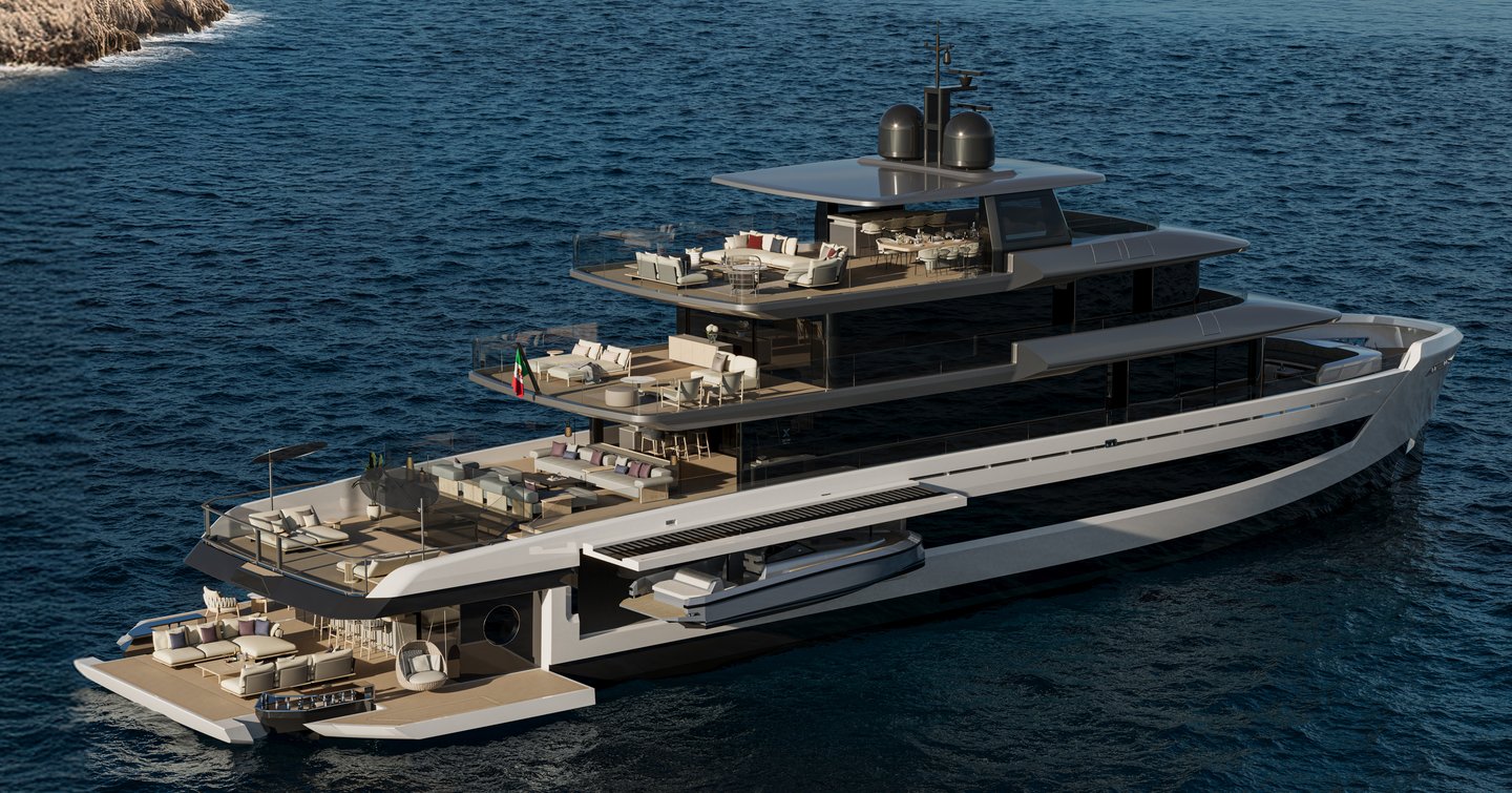 Extra X145 Global explorer motor yacht anchored with multiple terraces and open decks.