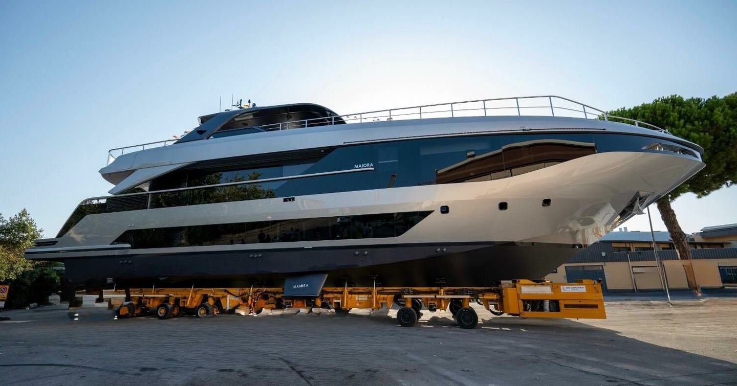 Maiora first M30 yacht at launch side view on wheels 