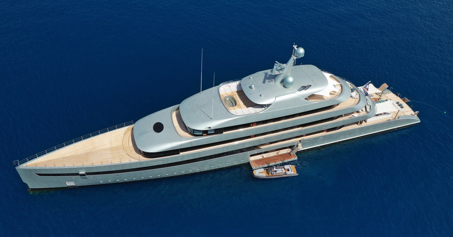 Feadship superyacht SAVANNAH at anchor in a dark blue sea