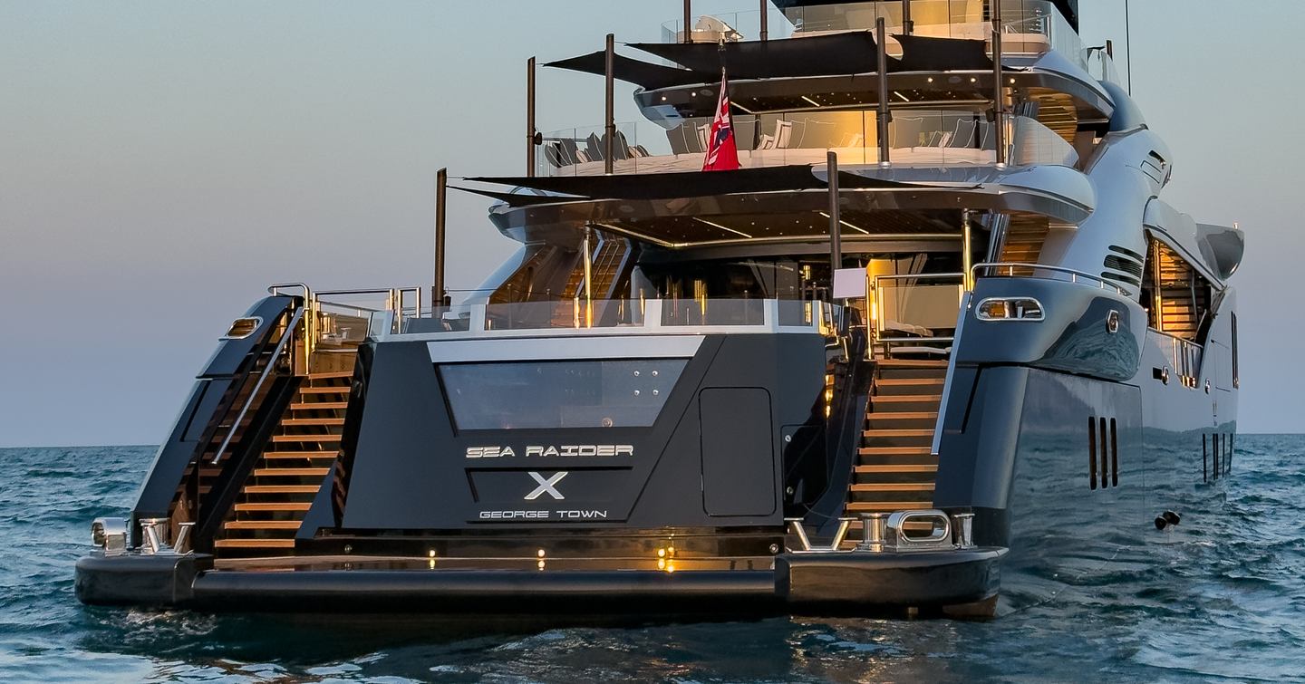 ISA Yachts superyacht Sea Raider X at anchor view of beach club 