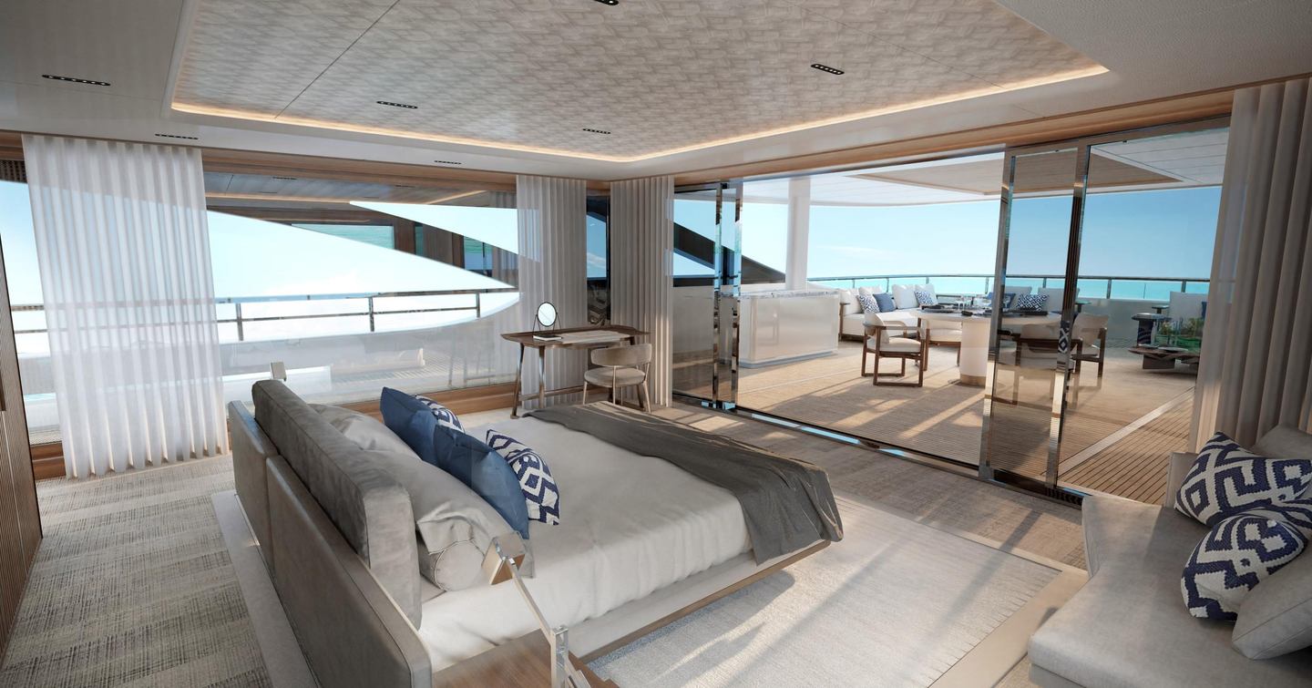 Rendering of the Benetti B.Now 50M Evo superyacht master suite aft facing private terrace