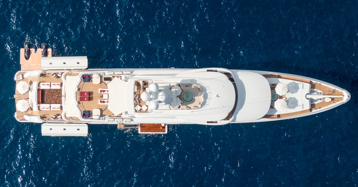 Amels superyacht Synthesis at anchor aerial view 