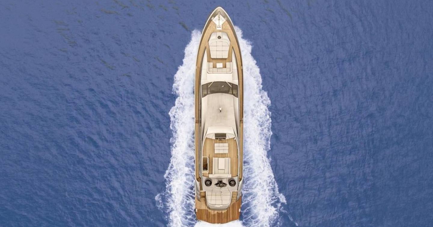  Pershing motor yacht Honey Badger underway aerial view 
