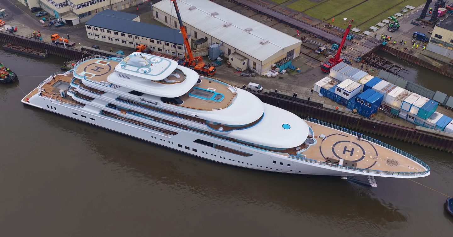 Superyacht Boardwalk docked outside Lurssen shipyard 