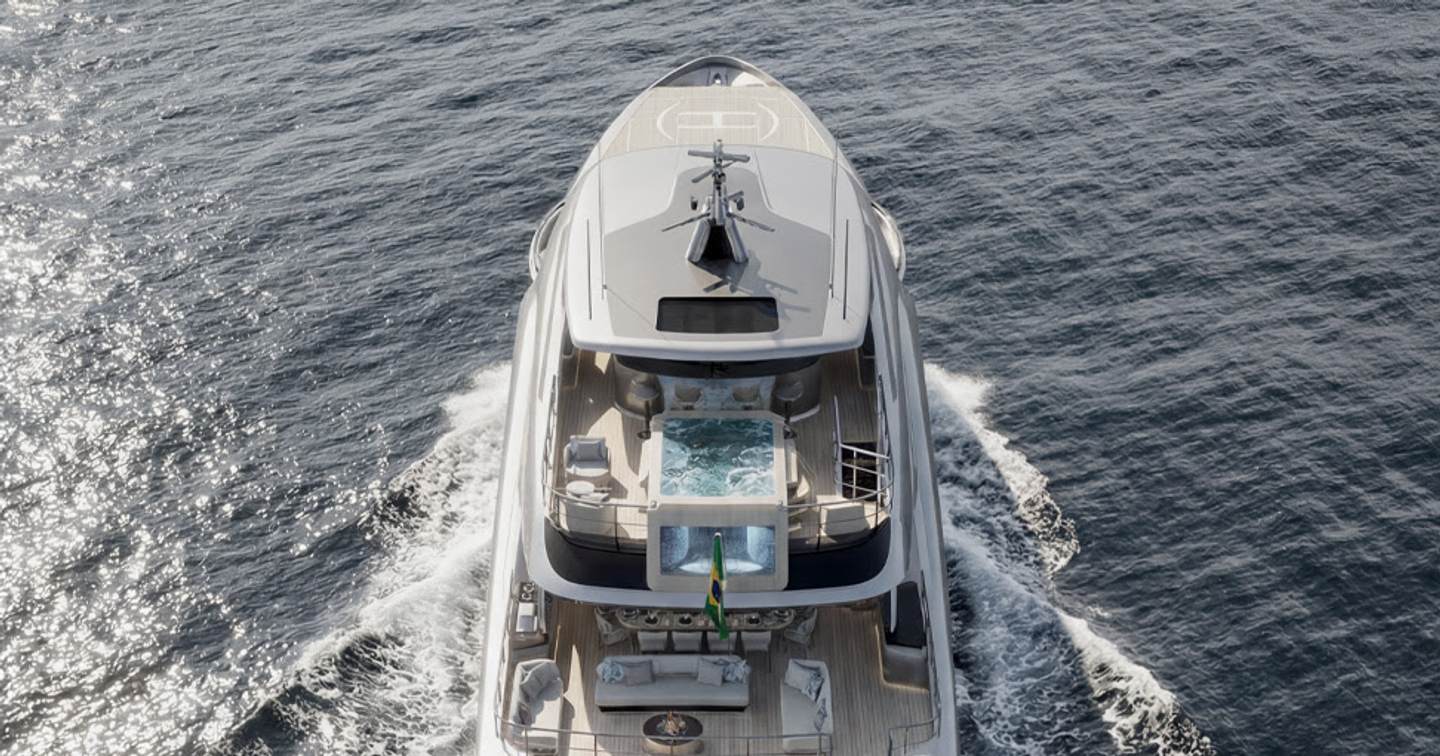 Aerial Rendering of superyacht Project Milky Ways foredeck and upper decks with infinity pool