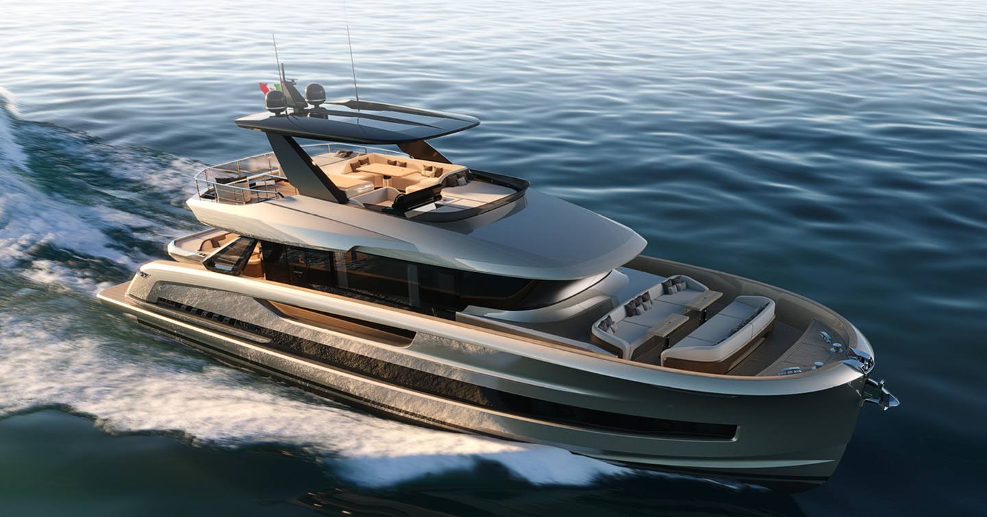 Rendering of Solaris Power 64 Long Range motor yacht under way 