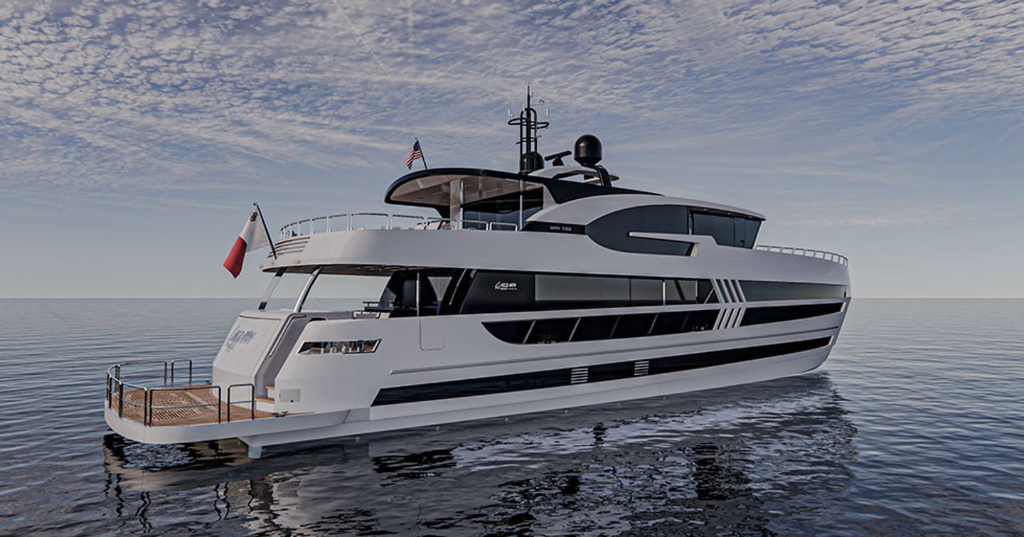 Rendering of the First Lazzara UHV100 motor yacht at anchor