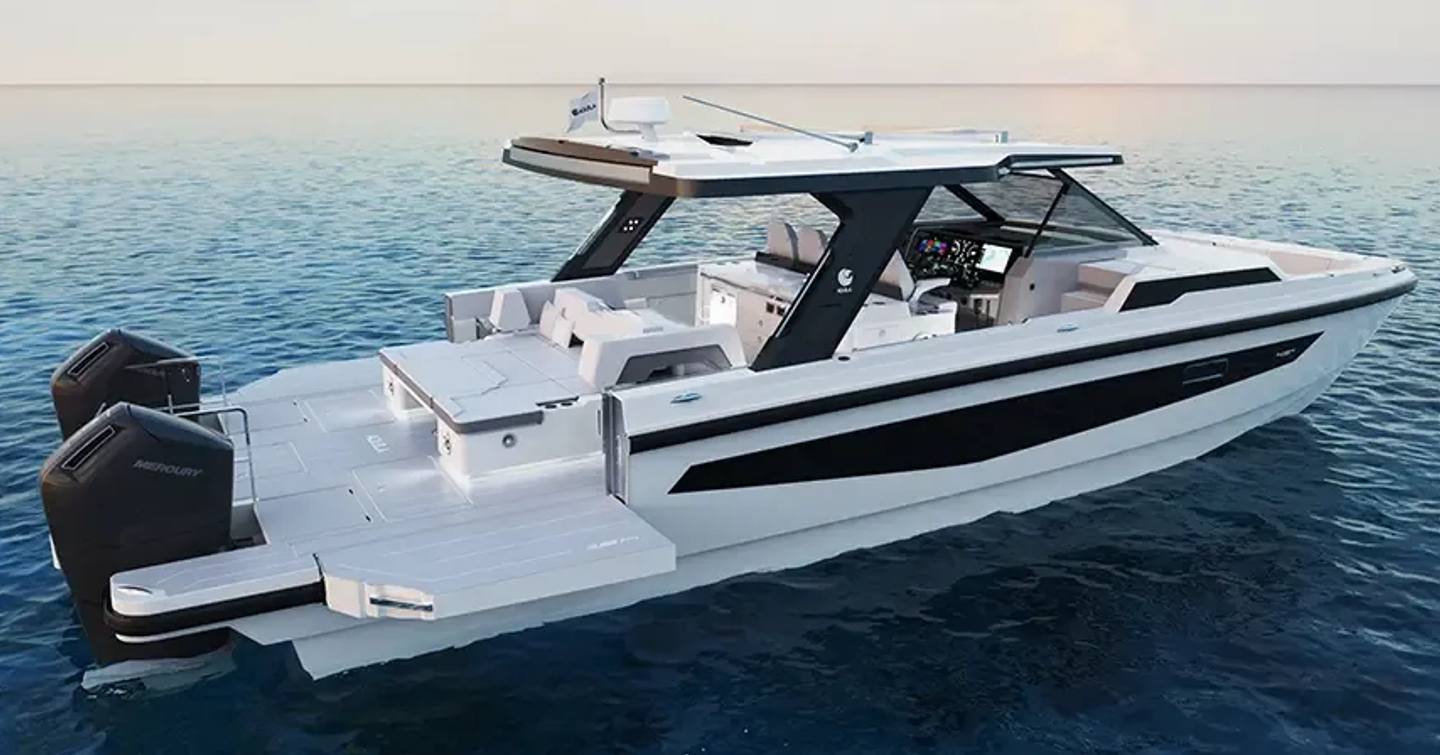 Rendering of Aquila 45 Sport Catamaran at anchor with fold down aft sides