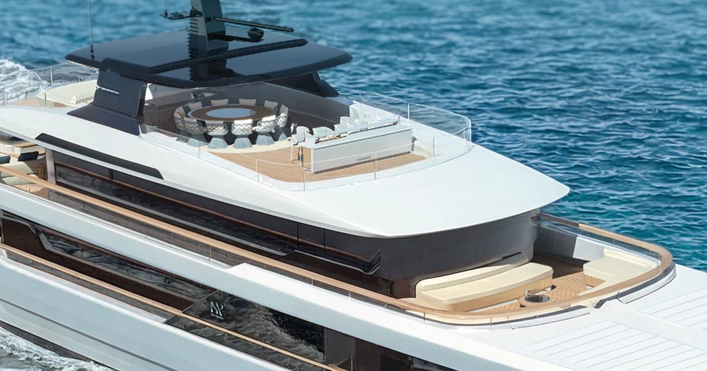 Close up Rendering of ISA Yachts Timeless 52M superyacht upper deck with circular shaded seating 
