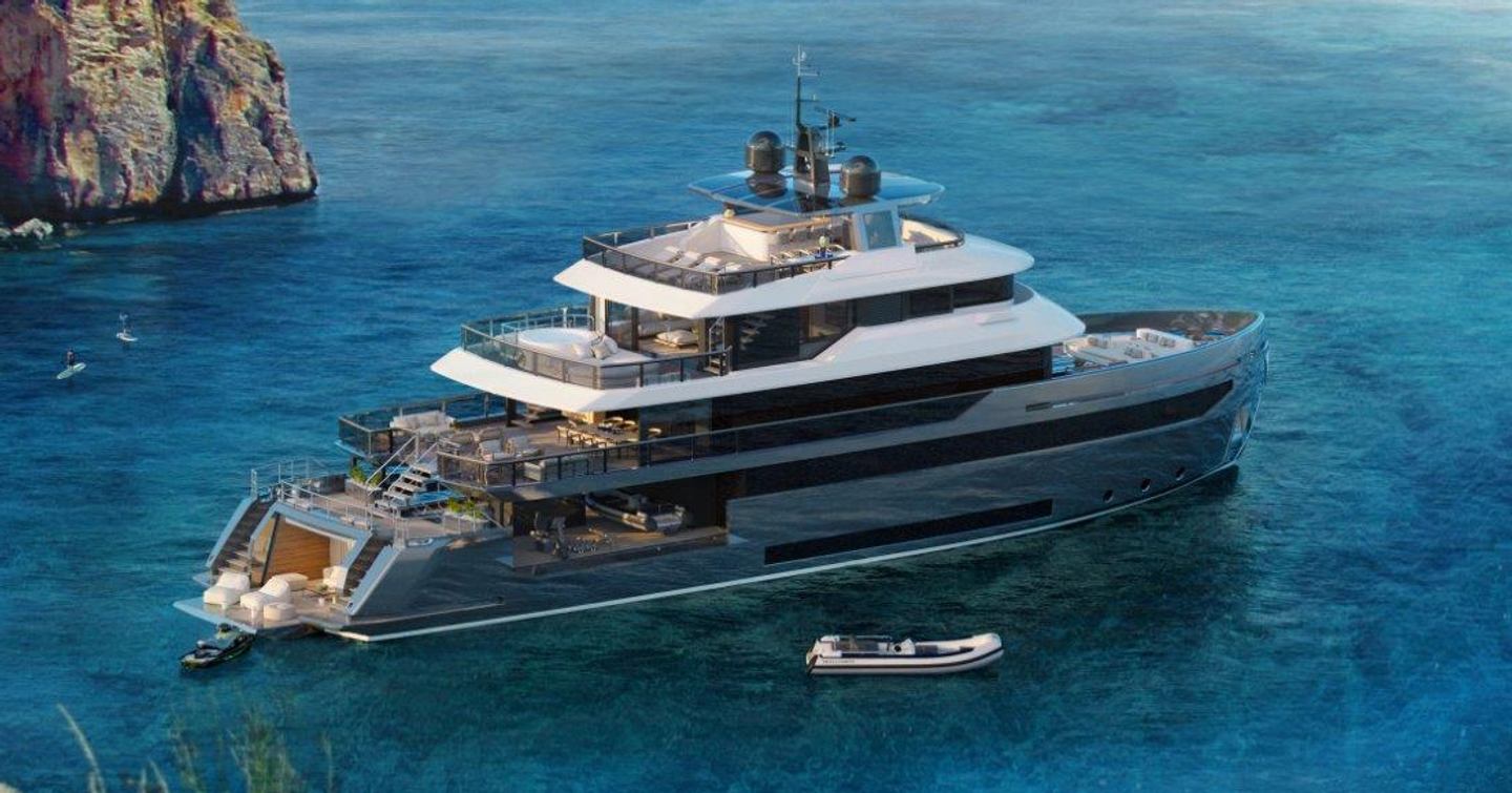 Benetti B.Yond 37M motor yacht at anchor with tenders