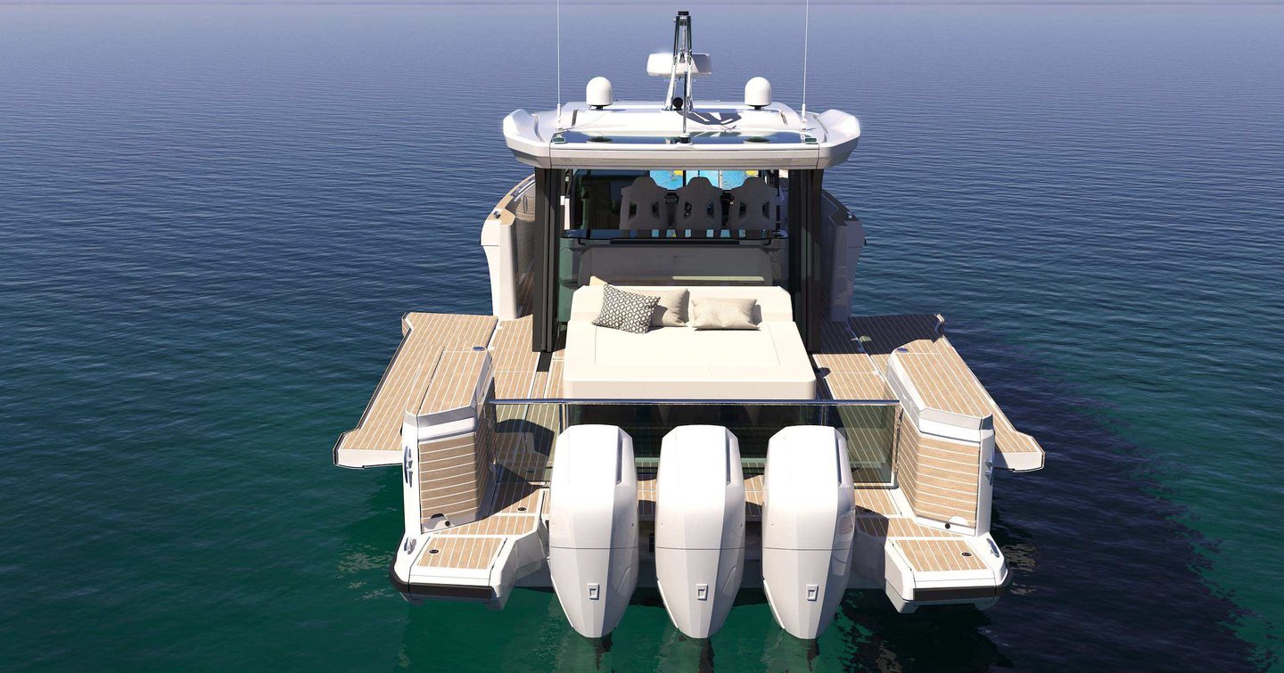 Rendering of Saxdor 460 GTS motor yacht at anchor with outboard engines 