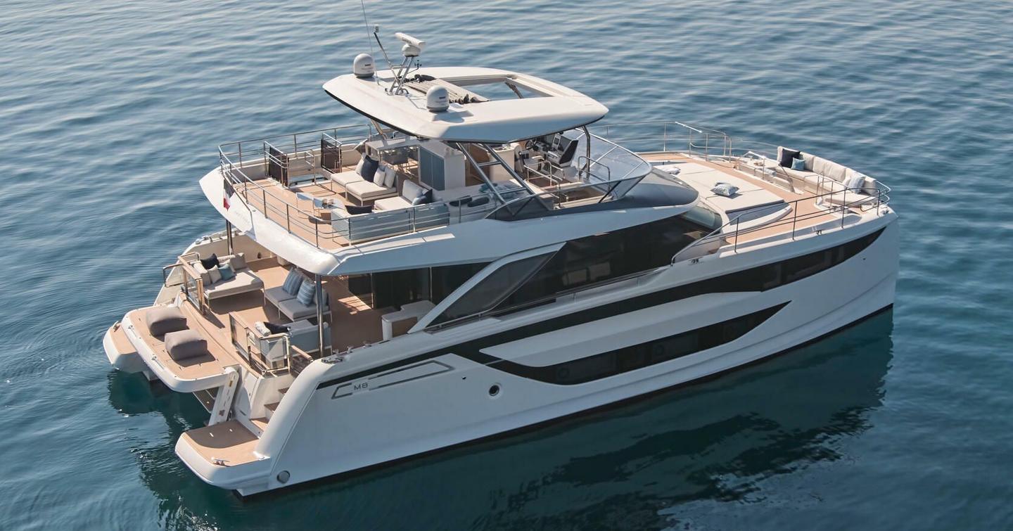 Rendering of Prestige M8 catamaran at anchor 
