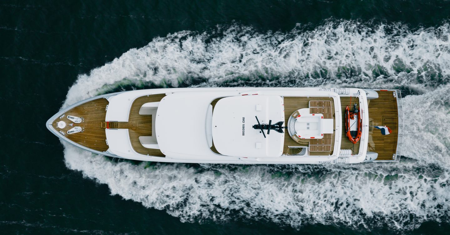 Aerial view of Moonen 122 Martinique Superyacht Lollipop under way 