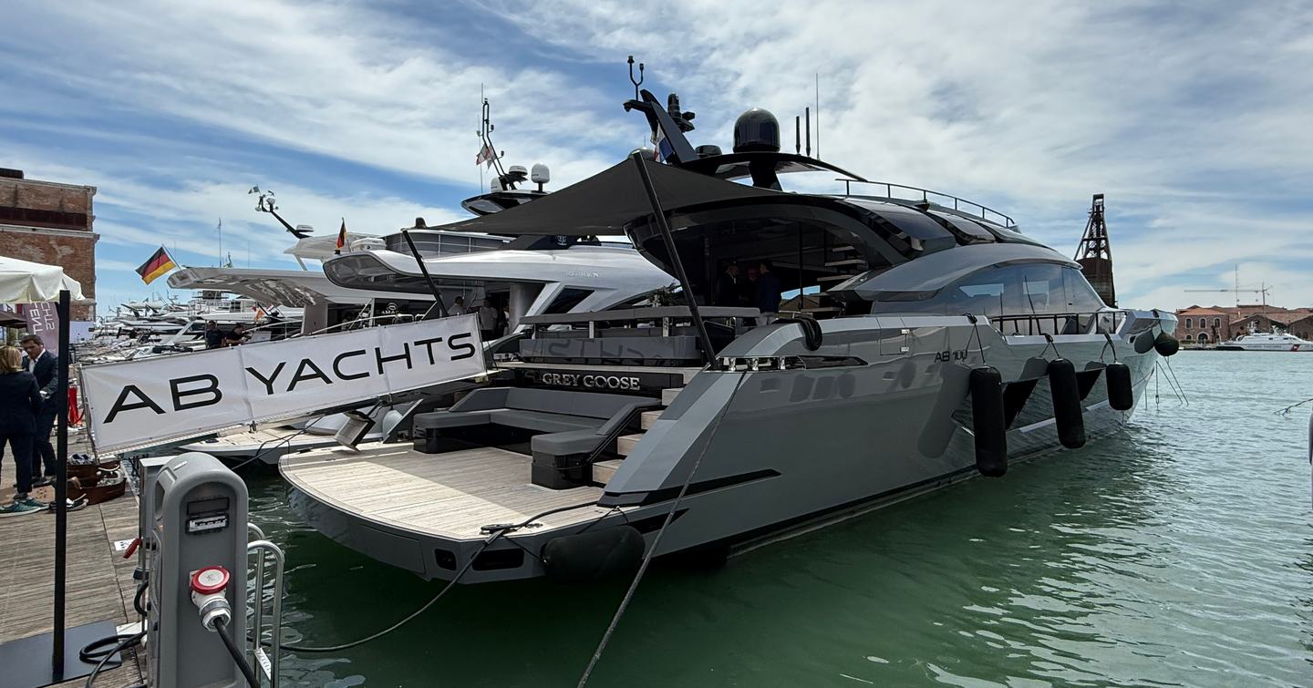 AB100 Grey Goose motor yacht docked at Venice Boat Show 2025