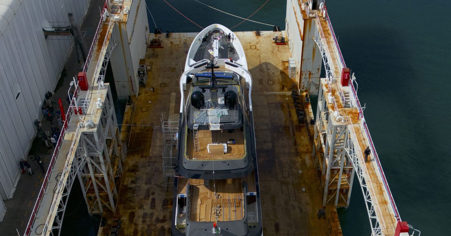 Aerial view of Superyacht Loewe at launch