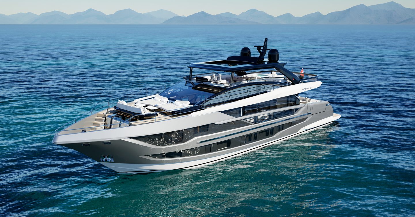 Rendering of Pearl Yachts Pearl 100 Hybrid motor yacht at anchor