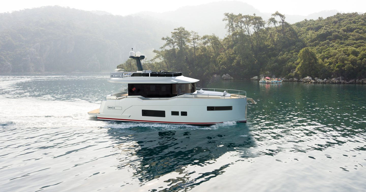 Side view rendering of the Sirena 48, surrounded by sea and green foliage in the background.