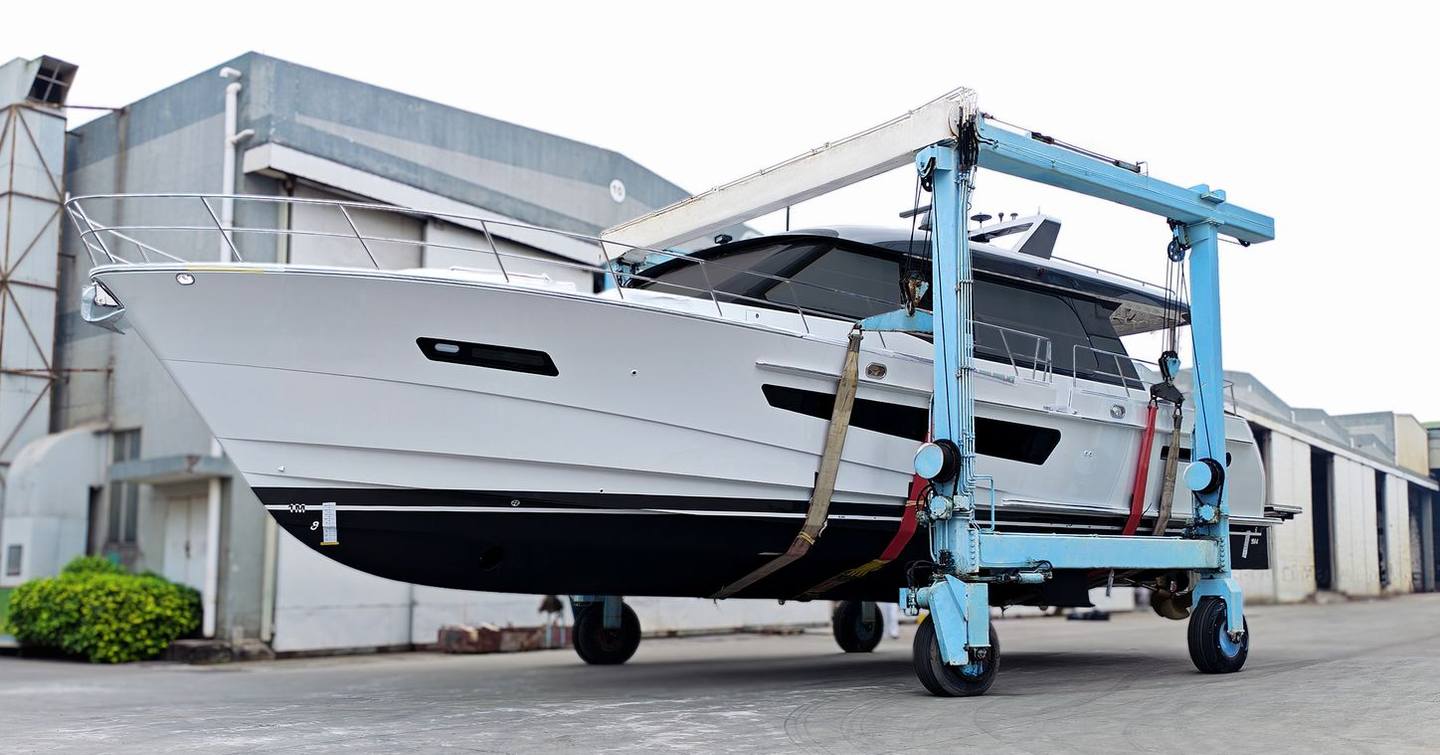 CL Yachts CLB65 SUV Motor Yacht on trolley on way to launch